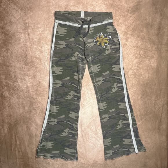 Vintage Y2K 2B Free Low Rise Camo Sweatpants Wide Leg Flare Rocaille McBling 90s - Picture 1 of 8